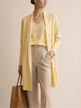 Cashmere Twin Set Butter Yellow Cardigan & Blouse Top Quiet Luxury M Comfy